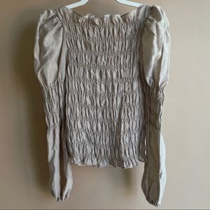 Ruched smocked puff shoulder long sleeve blouse